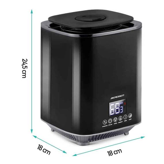 Umidificator de aer, functia de ionizare a aerului, de aromaterapie, ceata rece, oprire automata, rezervor 2, 6 l, 250 ml/h, temporizator, higrostat si higrometru incorporabil, negru lucios - 6- Roveli