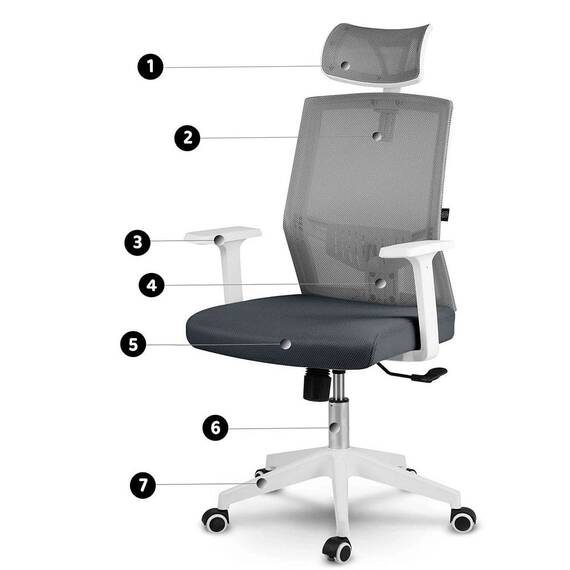 Scaun de birou DacEnergy©, tapiterie micro-plasa respirabila, mecanism de balansare, reglarea inaltimii scaunului si tetiera, roti duble, cauciucate, gri inchis si alb - 9- Roveli