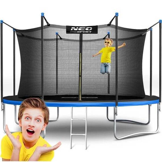 ​Trambulina de gradina , stalpi metalici, scara metalica, plasa interioara de protectie, cu fermoar, 64 buc de arcuri, 4 picioare duble in forma de U, 374 cm - 2- Roveli