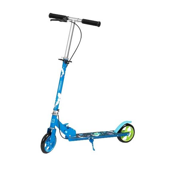 ​Trotineta copii, ghidon din fier, reglabil, 64.5-84.6 cm, roti din cauciuc PU, frana de mana si frana de picior, 3-8 ani, imprimeu spatiu cosmic, albastru - - Roveli