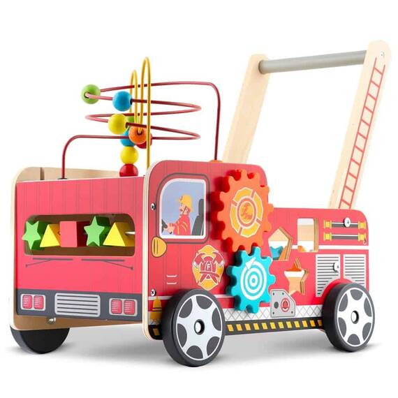 Premergator pentru copii  din lemn, cu activitati Montessori de joaca, roti stabile, pivotante, maner, model masina de pompieri, 48 x 27.5 x 40.5 cm, rosu - - Roveli