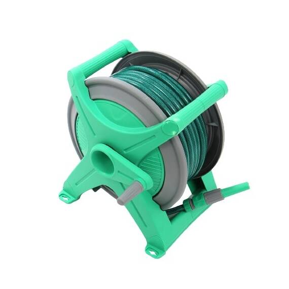 ​Tambur pentru furtun , din plastic si metal, portabil,montarea pe perete, 30 m furtun, 13 mm, cuple, verde - - Roveli