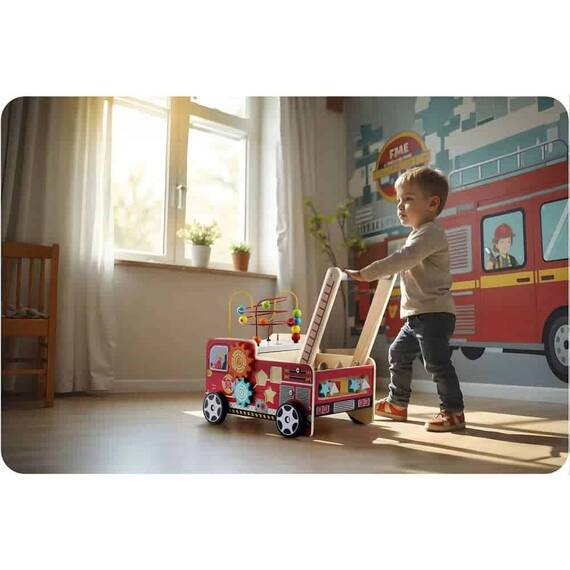 Premergator pentru copii  din lemn, cu activitati Montessori de joaca, roti stabile, pivotante, maner, model masina de pompieri, 48 x 27.5 x 40.5 cm, rosu - 2- Roveli