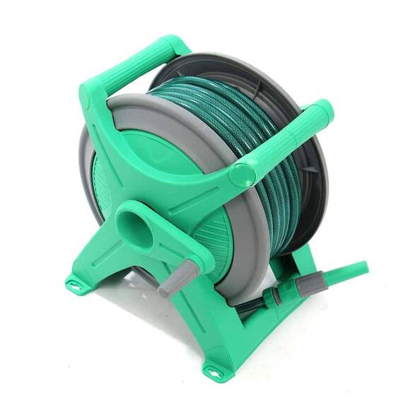 ​Tambur pentru furtun , din plastic si metal, portabil,montarea pe perete, 30 m furtun, 13 mm, cuple, verde - 3- Roveli