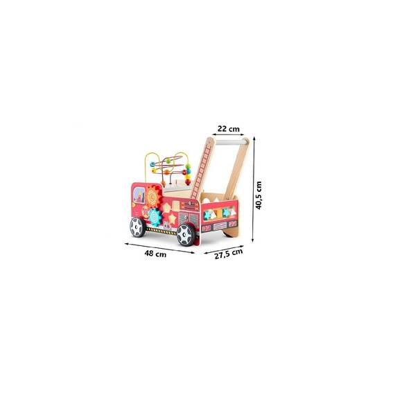 Premergator pentru copii  din lemn, cu activitati Montessori de joaca, roti stabile, pivotante, maner, model masina de pompieri, 48 x 27.5 x 40.5 cm, rosu - 5- Roveli