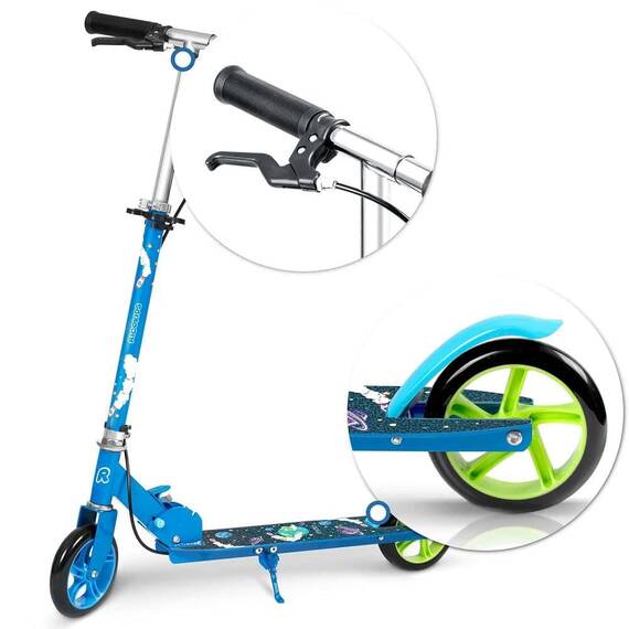 ​Trotineta copii, ghidon din fier, reglabil, 64.5-84.6 cm, roti din cauciuc PU, frana de mana si frana de picior, 3-8 ani, imprimeu spatiu cosmic, albastru - 6- Roveli