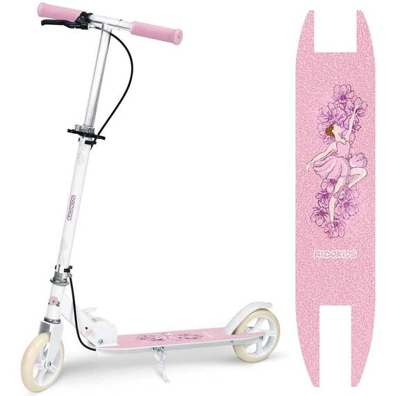 ​Trotineta copii, ghidon din fier, reglabil, 64.5-84.6 cm, roti din cauciuc PU, frana de mana si frana de picior, 3-8 ani, imprimeu de balerina, roz si alb - 6- Roveli