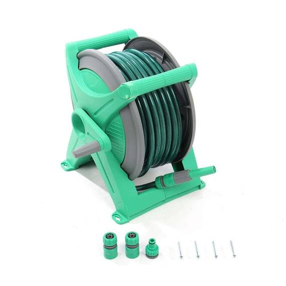 ​Tambur pentru furtun , din plastic si metal, portabil,montarea pe perete, 30 m furtun, 13 mm, cuple, verde - 7- Roveli