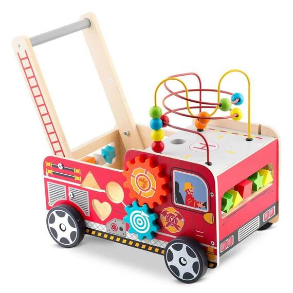 Premergator pentru copii  din lemn, cu activitati Montessori de joaca, roti stabile, pivotante, maner, model masina de pompieri, 48 x 27.5 x 40.5 cm, rosu - 9- Roveli