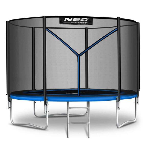 Trambulina de gradina, cu plasa de exterior, scara metalica, 2 trepte, 3 picioare duble, 42 arcuri de prindere, diametru 252 cm, negru si albastru - - Roveli