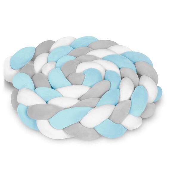 ​Protectie laterala patut bebe, Bumper impletit, 100 % antialergic, lavabil, 3m, albastru si gri - - Roveli