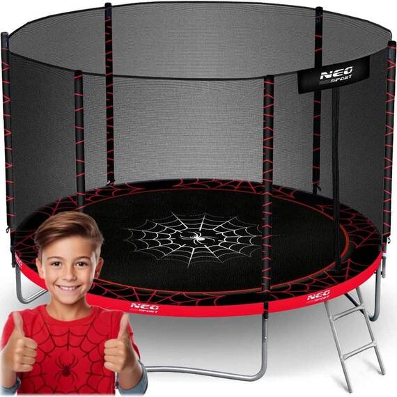 Trambulina de gradina, plasa externa de siguranta, scara metalica solida, 3 picioare duble, model unic de panza de paianjen, intrarea inchisa cu fermoar si catarama, 252 cm, rosu si negru - 2- Roveli