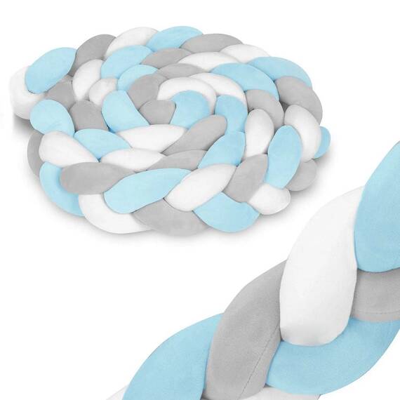 ​Protectie laterala patut bebe, Bumper impletit, 100 % antialergic, lavabil, 3m, albastru si gri - 2- Roveli