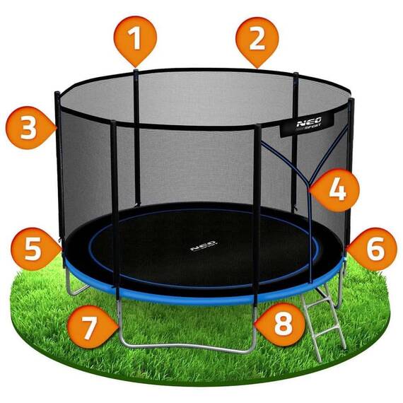 Trambulina de gradina, cu plasa de exterior, scara metalica, 2 trepte, 3 picioare duble, 54 arcuri de prindere, diametru 312 cm, negru si albastru - 3- Roveli