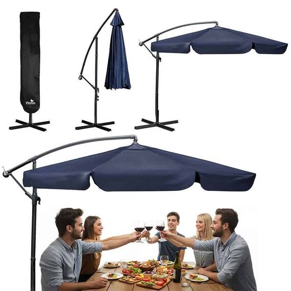 Umbrela de gradina, realizata din poliester 180 g/m2, pliabila, reglarea unghiului de inclinare si a inaltimii, diametru 350 cm, cu husa, bleumarin - 6- Roveli