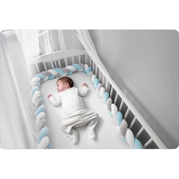​Protectie laterala patut bebe, Bumper impletit, 100 % antialergic, lavabil, 3m, albastru si gri - 3- Roveli