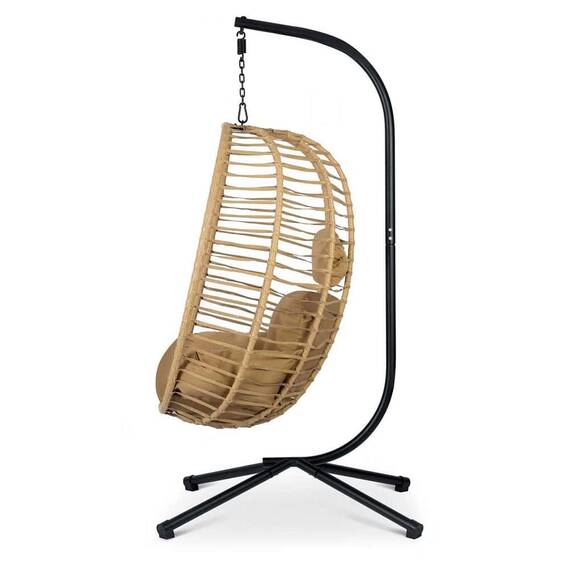 Scaun de gradina suspendat DacEnergy©, cadru din otel, cos tesut manual cu tehnorattan modern, extrem de confortabil, perne moi, 201 cm, negru si maro - 4- Roveli