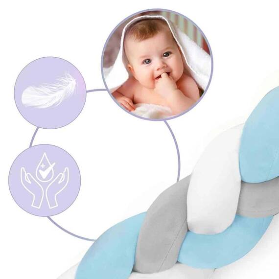 ​Protectie laterala patut bebe, Bumper impletit, 100 % antialergic, lavabil, 3m, albastru si gri - 4- Roveli