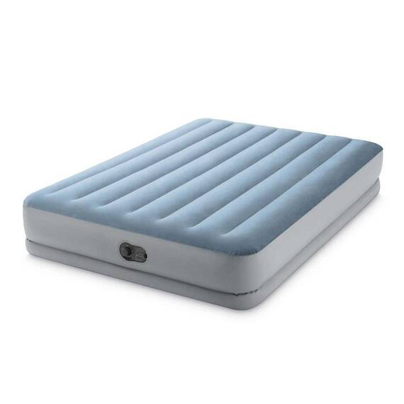 ​Saltea gonflabila Intex, confectionata PVC si velur, cadru din fibre ultradurabile, tehnologia DURA-BEAM, cu pompa electrica incorporata, 2 persoane, 203 x 152 x 36 cm, gri si bleu - - Roveli