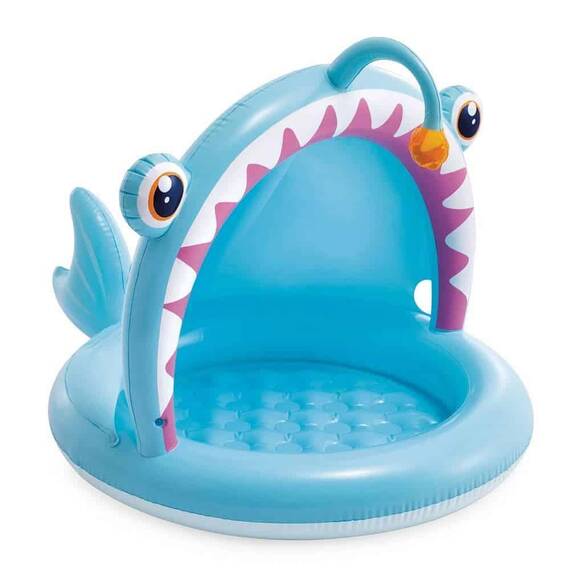 ​Piscina gonflabila pentru copii Intex, cu baza moale si acoperis incorporat, din PVC, in forma de peste, 127 x 102 x 86 cm, albastru - - Roveli