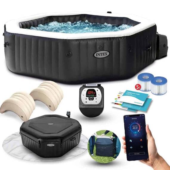 ​Piscina gonflabila cu hidromasaj Intex, jacuzzi, pompa de filtrare incorporata, 6 persoane, 2 tetiere, cu aplicatie, panou de control, apa incalzita pana la 40°, prelata si folie, 1098 litri, 218 x 71 cm - - Roveli