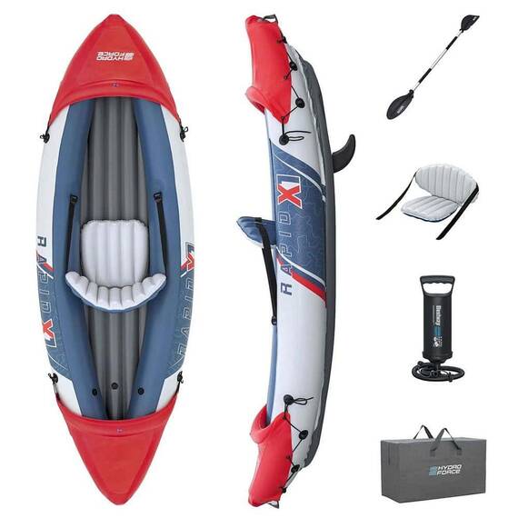 ​Caiac gonflabil Bestway, constructie solida din PVC, 3 camere de aer, o persoana, paleta de aluminiu si pompa inclusa, sarcina maxima 120 kg, 290 x 91 cm - - Roveli
