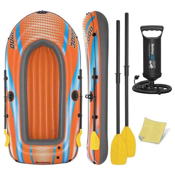 ​Barca gonflabila Bestway, fabricata din PVC, 3 camere de aer, doi adulti si un copil, 2 vasle din plastic, sarcina maxima 200 kg, pompa cu piston inclusa, 246 x 122 cm, portocaliu - - Roveli