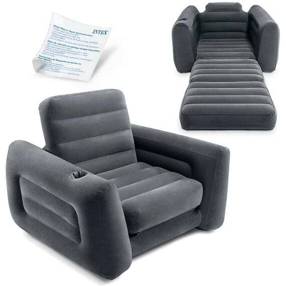 ​Fotoliu gonflabil pliabil Intex, confectionat din PVC si velur, suport pentru pahare, o persoana, 224 x 117 x 66 cm, gri - 2- Roveli