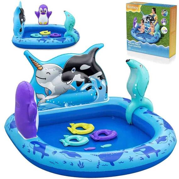 Centru de joaca Bestway, confectionat din PVC, un parc acvatic, 3 inele colorate, 134 x 131 x 73 cm, 84 l, nuante de albastru - 2- Roveli