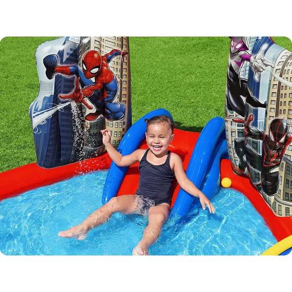 ​Centru de joaca Bestway, confectionat din vinil, tobogan gonflabil, bile, inele de aruncat, model Spider-Man, capacitate 165 l, 211 x 206 x 127 cm, rosu si albastru - 3- Roveli