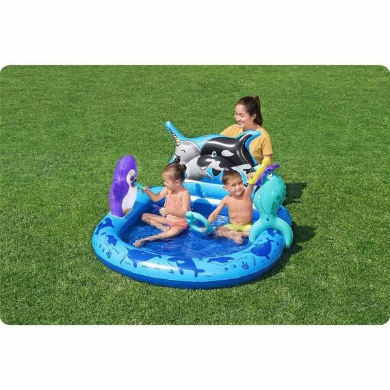 Centru de joaca Bestway, confectionat din PVC, un parc acvatic, 3 inele colorate, 134 x 131 x 73 cm, 84 l, nuante de albastru - 4- Roveli