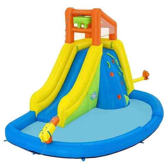 ​Centru de joaca gonflabil Bestway, confectionat din poliester acoperit cu PVC, perete de catarat, tobogan cu apa, piscina, tun cu apa, sarcina maxima 270 kg, 435 x 286 x 267 cm - - Roveli