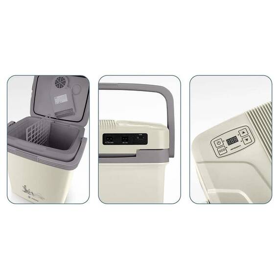 ​Lada frigorifica, afisaj electronic, buton ON/OFF, mod ECO si Normal, ventilator incorporat, compartiment practic, cu maner, priza auto 12 V, priza 230 V, 26 litri, 41 x 30 x 43 cm, 60 W, crem - 7- Roveli