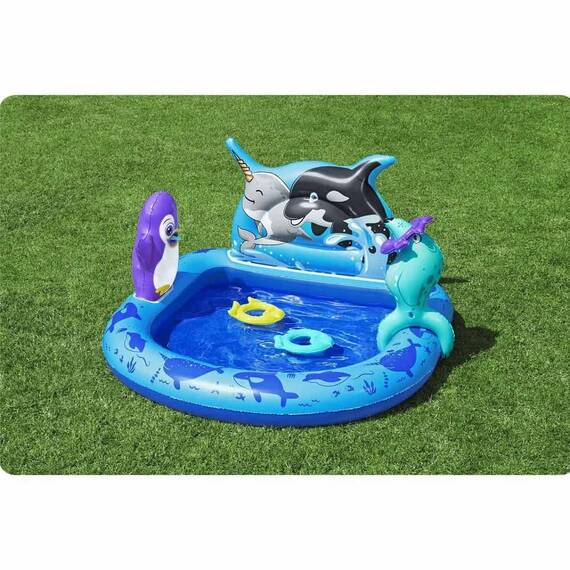 Centru de joaca Bestway, confectionat din PVC, un parc acvatic, 3 inele colorate, 134 x 131 x 73 cm, 84 l, nuante de albastru - 7- Roveli