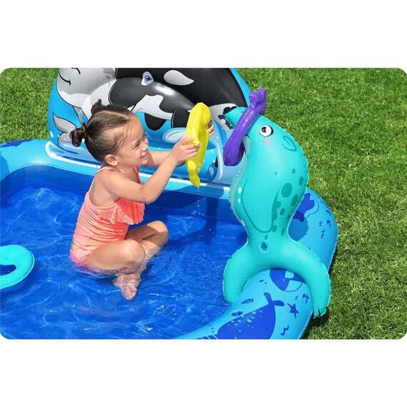 Centru de joaca Bestway, confectionat din PVC, un parc acvatic, 3 inele colorate, 134 x 131 x 73 cm, 84 l, nuante de albastru - 8- Roveli