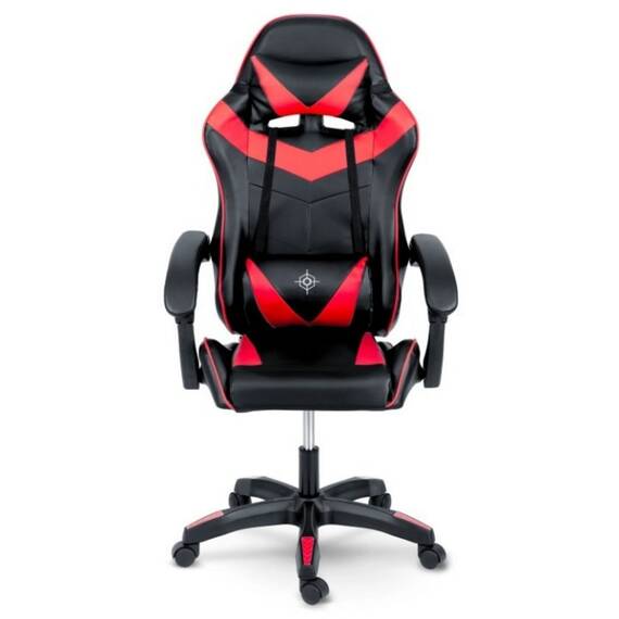 Scaun gaming, piele ecologica durabila, design modern, roti duble, solide din cauciuc nailon, cu doua perne, inaltime totala maxima 123 cm, negru si rosu - 2- Roveli