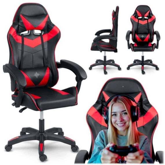 Scaun gaming, piele ecologica durabila, design modern, roti duble, solide din cauciuc nailon, cu doua perne, inaltime totala maxima 123 cm, negru si rosu - 3- Roveli