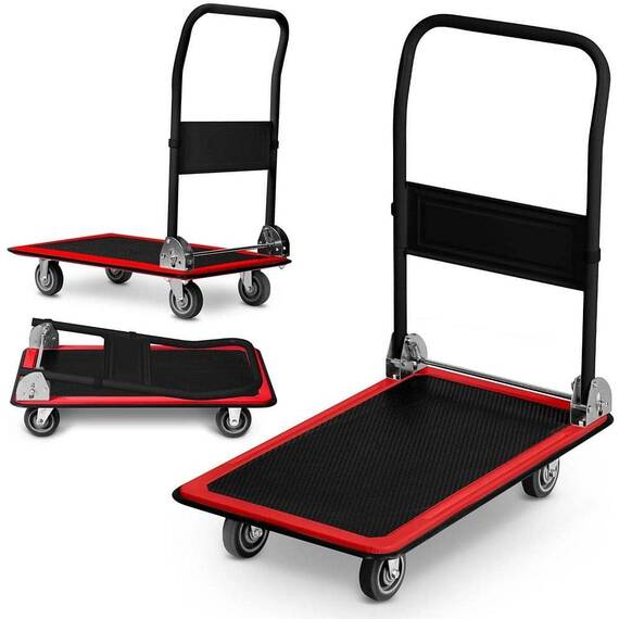 Carucior platforma transport marfa, cadru din otel, capacitate de incarcare pana la 150 kg, maner ergonomic pliabil, 72 x 83 x 43 cm, negru si rosu - 2- Roveli