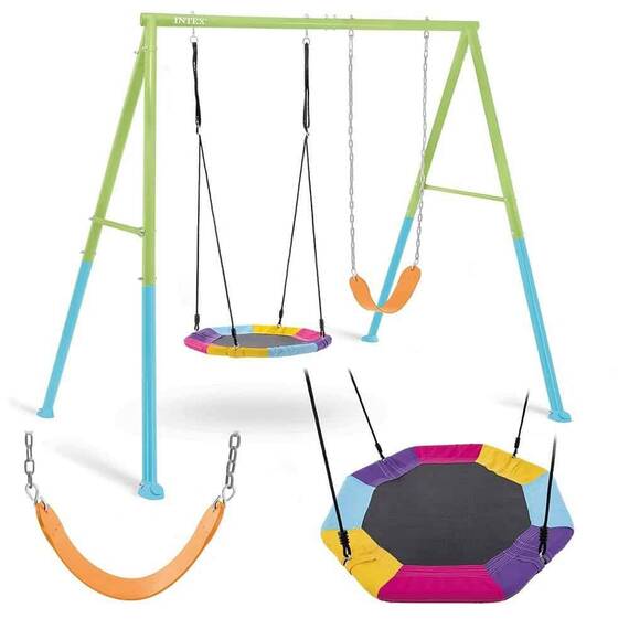 Leagan copii, cadru din otel galvanizat acoperit cu pulbere, cu sistem sigur de ancorare la sol, inaltimea franghiei reglabila, scaun flexibil cu lanturi, cuib de barza, 235 cm x 254 cm x 200 cm - 2- Roveli