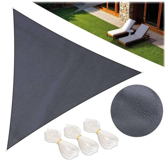 ​Panza parasolar, pentru terasa, balcon, gradina, material PE tesut dens de 180 g/m², rezistent la apa, cu 3 snururi de prindere, forma triunghiulara, 400 x 400 x 400 cm, gri - 2- Roveli