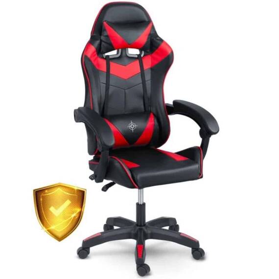 Scaun gaming, piele ecologica durabila, design modern, roti duble, solide din cauciuc nailon, cu doua perne, inaltime totala maxima 123 cm, negru si rosu - 4- Roveli