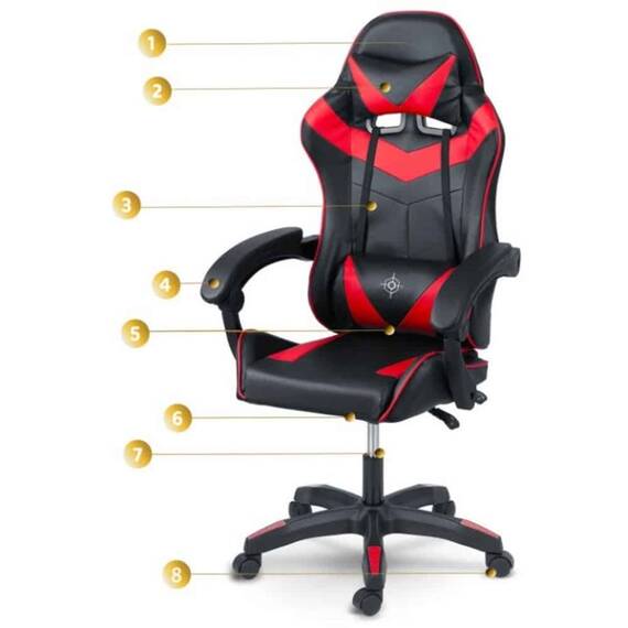 Scaun gaming, piele ecologica durabila, design modern, roti duble, solide din cauciuc nailon, cu doua perne, inaltime totala maxima 123 cm, negru si rosu - 5- Roveli