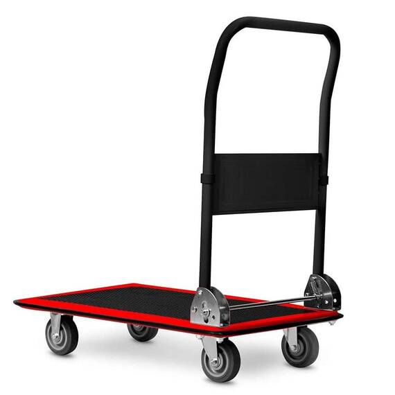 ​Carucior platforma transport marfa, cadru din otel, capacitate de incarcare pana la 300 kg, maner ergonomic pliabil, 90 x 87 x 60 cm, negru si rosu - 4- Roveli