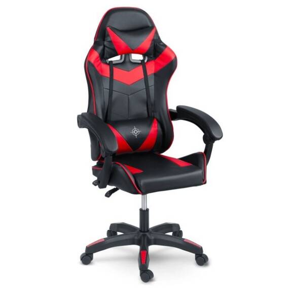 Scaun gaming, piele ecologica durabila, design modern, roti duble, solide din cauciuc nailon, cu doua perne, inaltime totala maxima 123 cm, negru si rosu - - Roveli