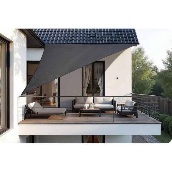 ​Panza parasolar, pentru terasa, balcon, gradina, material PE tesut dens de 180 g/m², rezistent la apa, cu 3 snururi de prindere, forma triunghiulara, 400 x 400 x 400 cm, gri - 5- Roveli