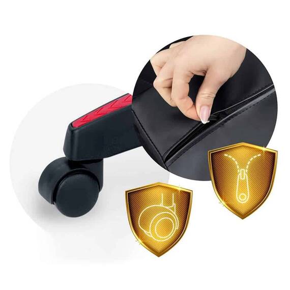 Scaun gaming, piele ecologica durabila, design modern, roti duble, solide din cauciuc nailon, cu doua perne, inaltime totala maxima 123 cm, negru si rosu - 6- Roveli