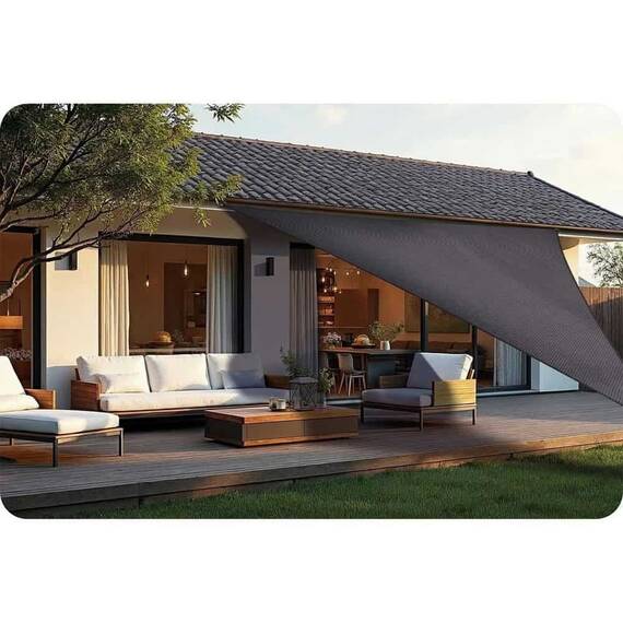 ​Panza parasolar, pentru terasa, balcon, gradina, material PE tesut dens de 180 g/m², rezistent la apa, cu 3 snururi de prindere, forma triunghiulara, 400 x 400 x 400 cm, gri - 7- Roveli