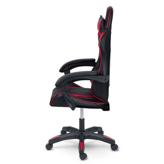 Scaun gaming, piele ecologica durabila, design modern, roti duble, solide din cauciuc nailon, cu doua perne, inaltime totala maxima 123 cm, negru si rosu - 8- Roveli