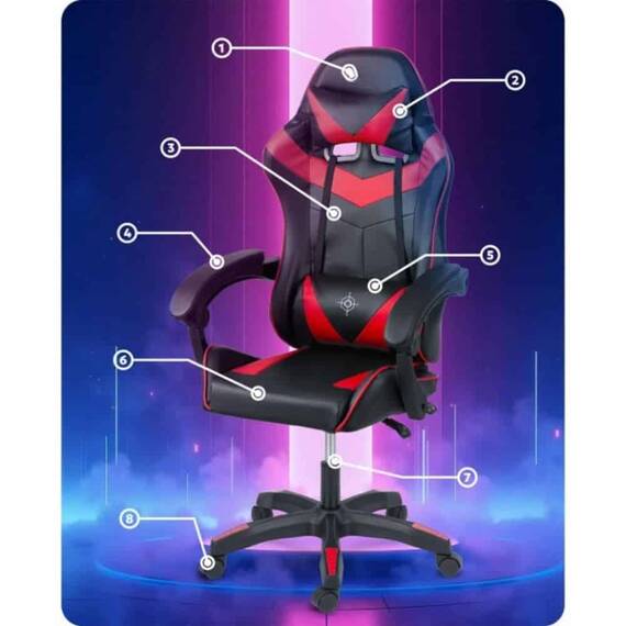 Scaun gaming, piele ecologica durabila, design modern, roti duble, solide din cauciuc nailon, cu doua perne, inaltime totala maxima 123 cm, negru si rosu - 9- Roveli
