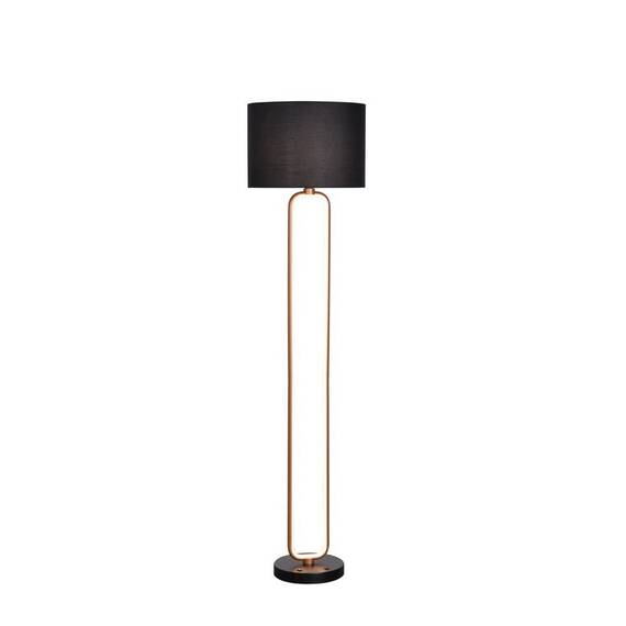 ​Lampadar, realizat din metal, abajur textil cilindric, LED integrat care emite lumina calda, 825 lm, soclu E27, 60 W, baza rotunda decorativa, 1650 x 400 mm, aurie si negru - - Roveli